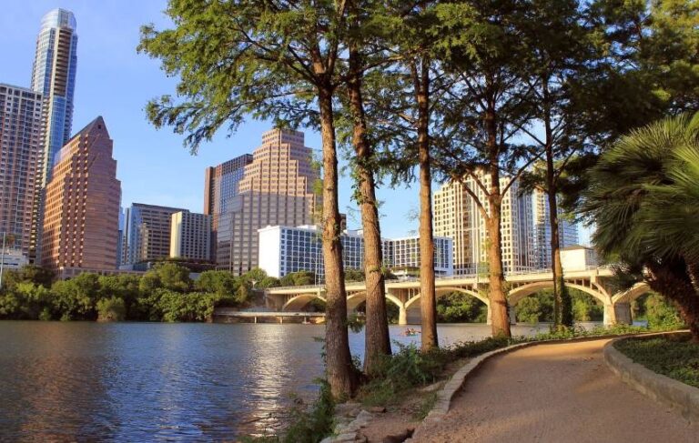 Austin Texas skyline with downtown buildings and waterfront for mortgage broker services