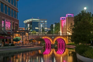 The Woodlands Waterway downtown area at dusk