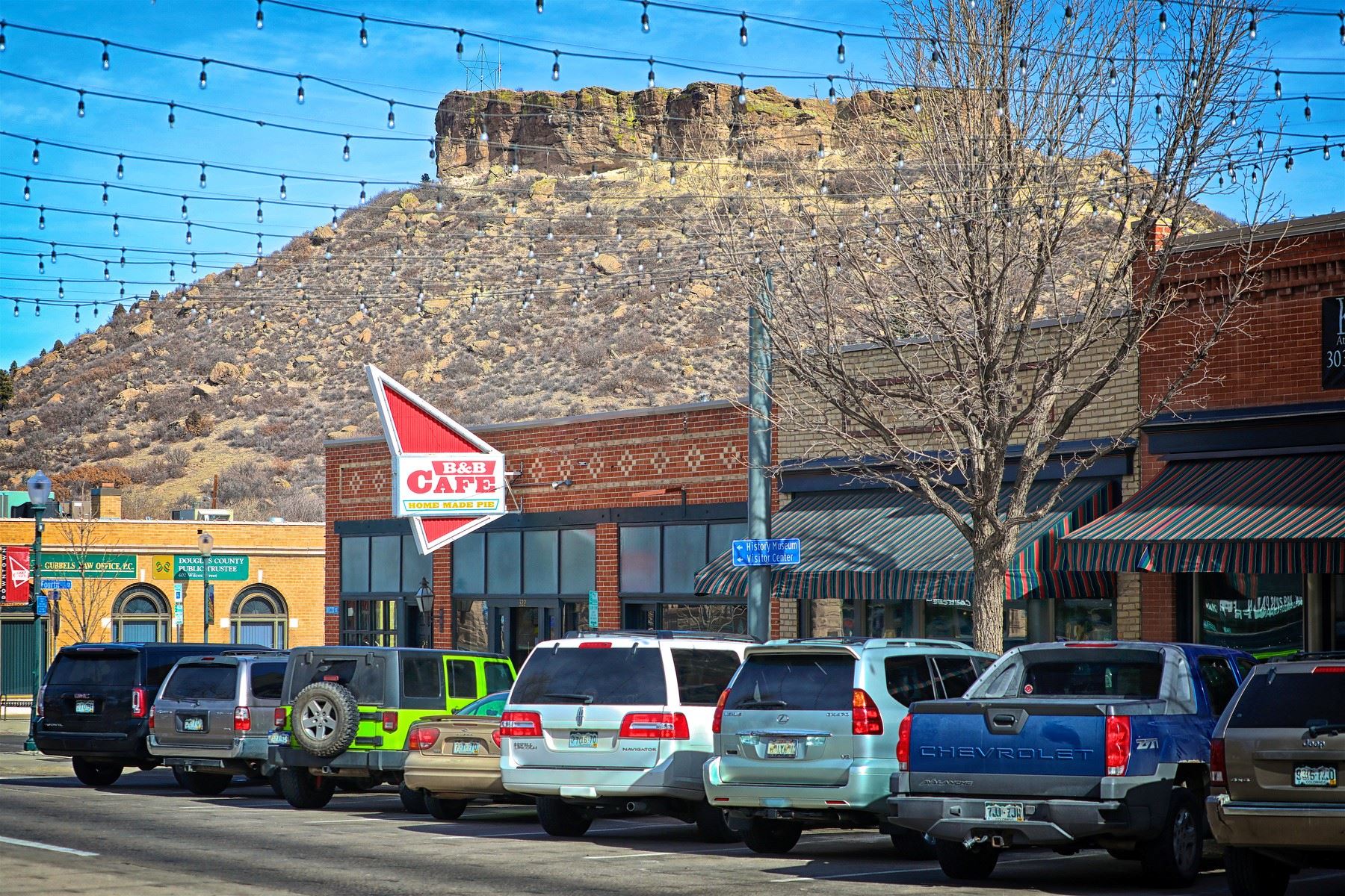 Castle Rock Colorado downtown with iconic rock formation