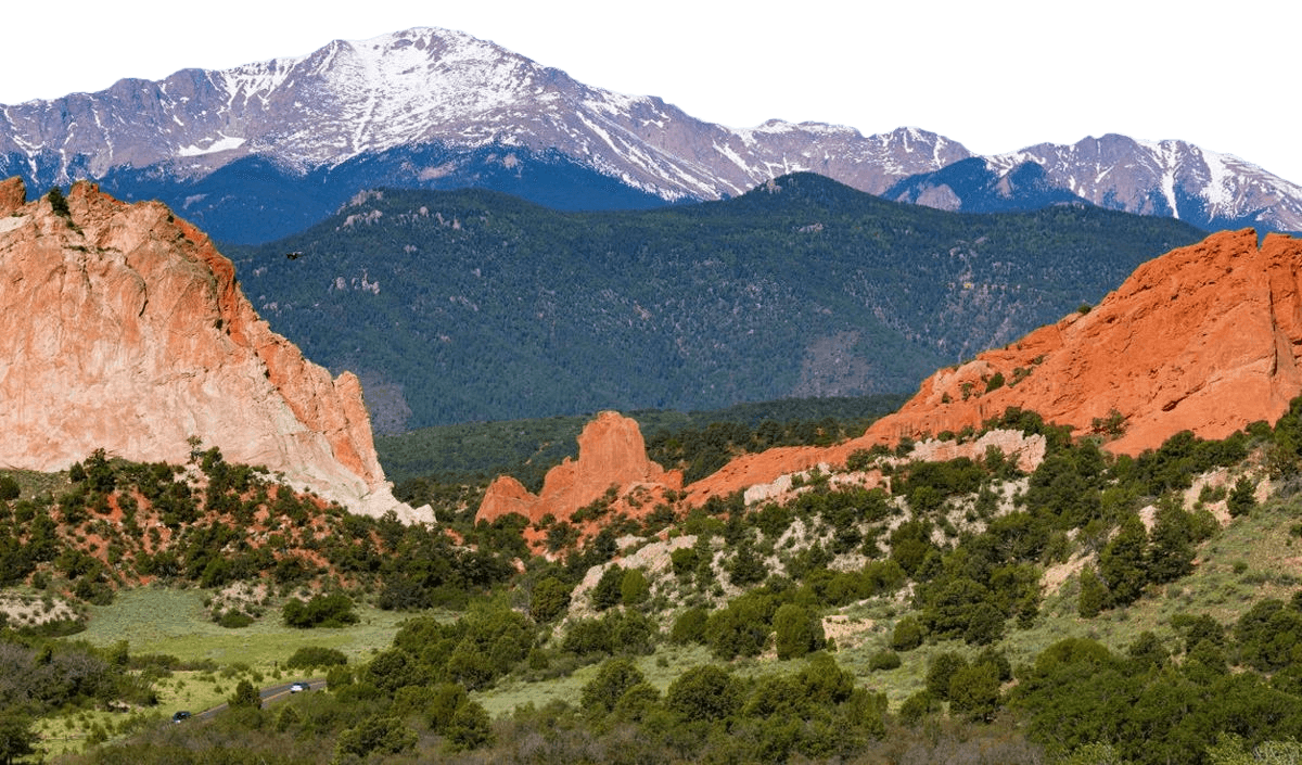 Colorado Springs Pikes Peak and Garden of the Gods red rock formations